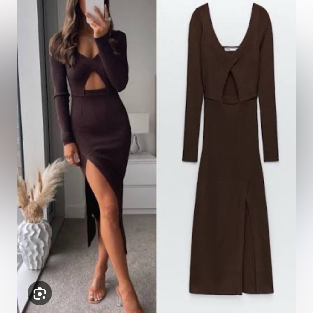 Zara Ribbed Cut-Out Midi Dress in Dark Brown